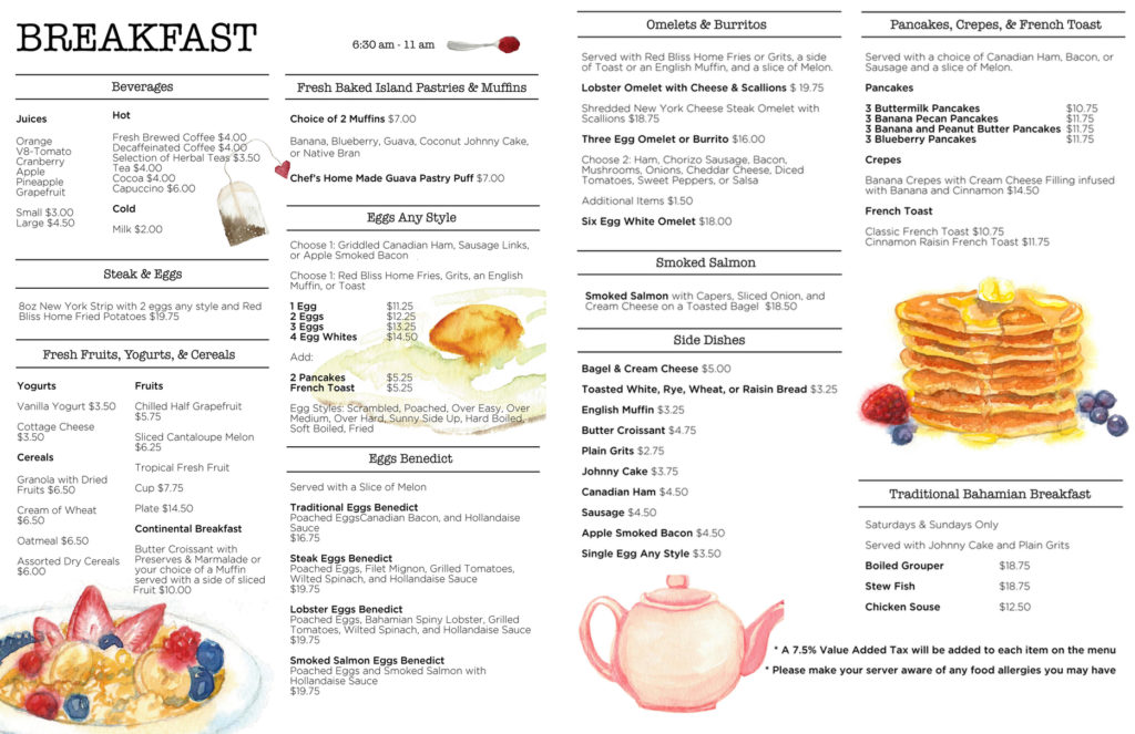 Abaco Beach Resort Breakfast Menu